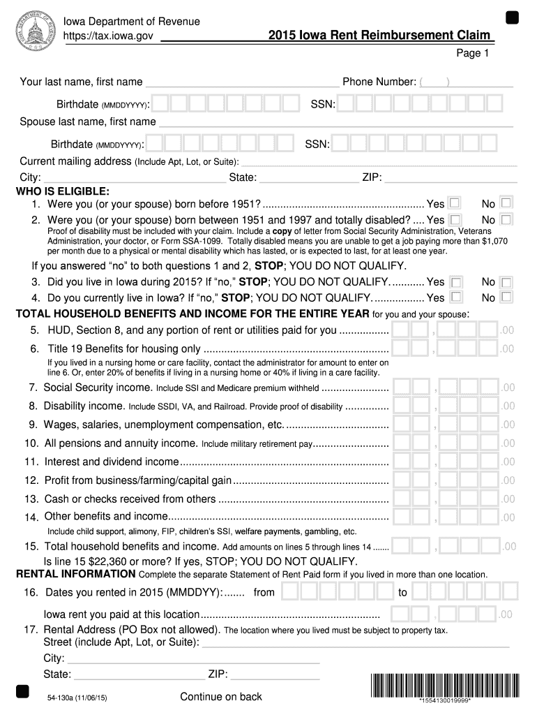 2015 Form IA DoR 54 130 Fill Online Printable Fillable Blank PdfFiller