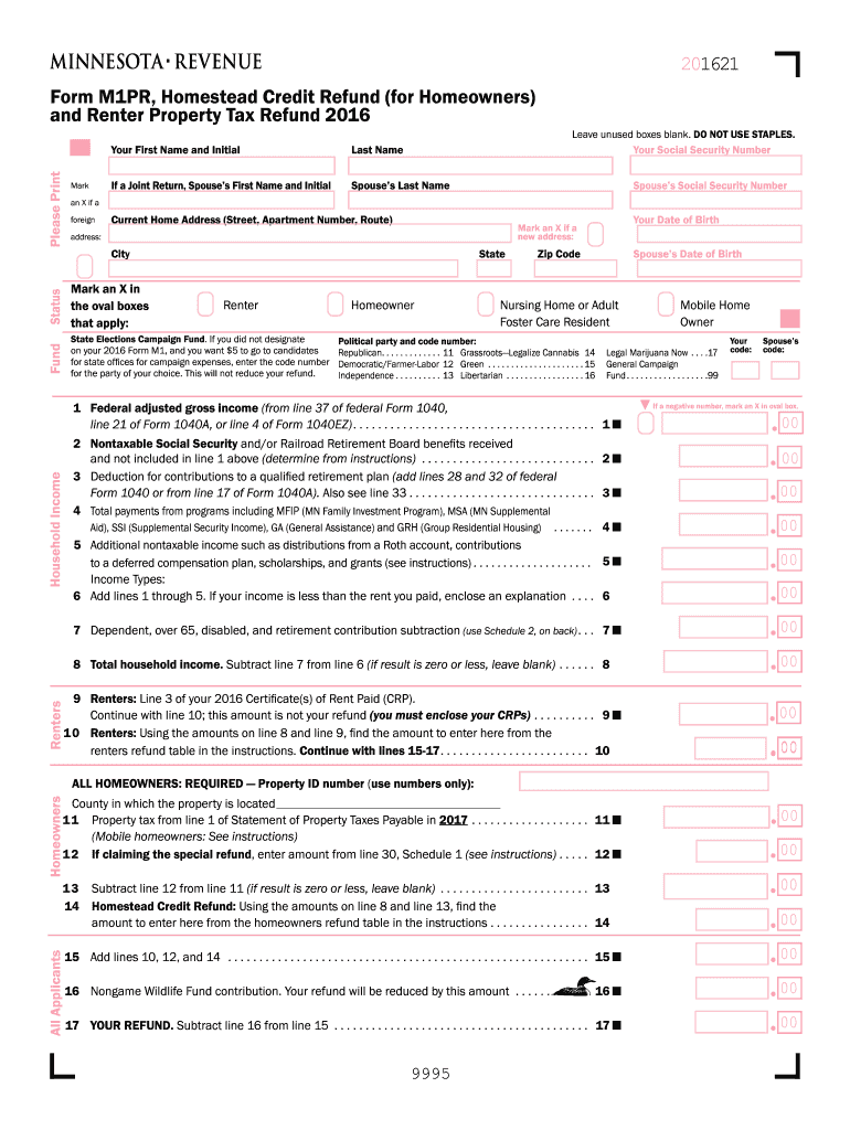 2016 Form MN DoR M1PR Fill Online Printable Fillable Blank PdfFiller