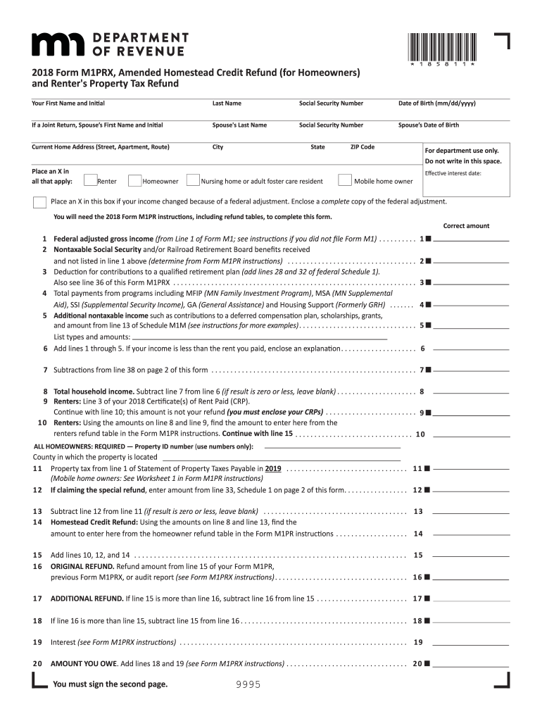 2018 Form MN DoR M1PRX Fill Online Printable Fillable Blank PdfFiller