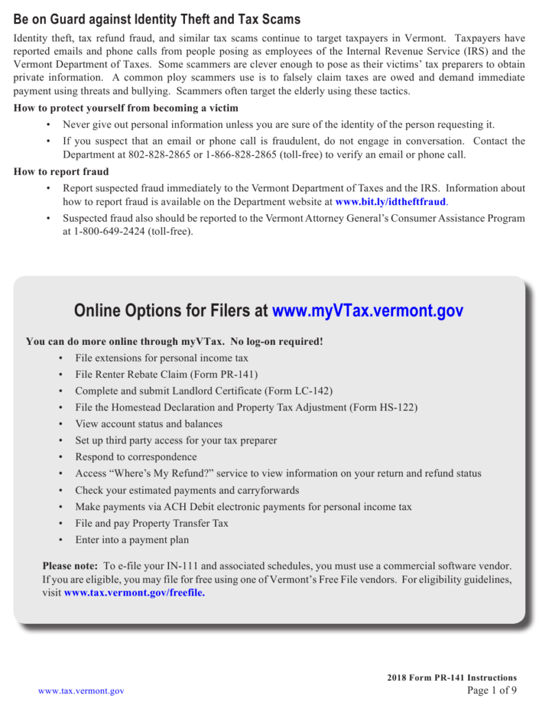 Download Instructions For Form PR 141 Vermont Renter Rebate Claim PDF 