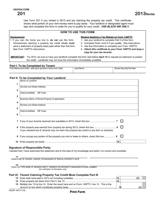 Fillable Arizona Form 201 Renter S Certificate Of Property Taxes Paid 