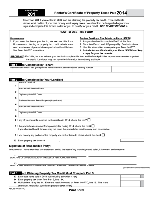 Fillable Arizona Form 201 Renter S Certificate Of Property Taxes Paid