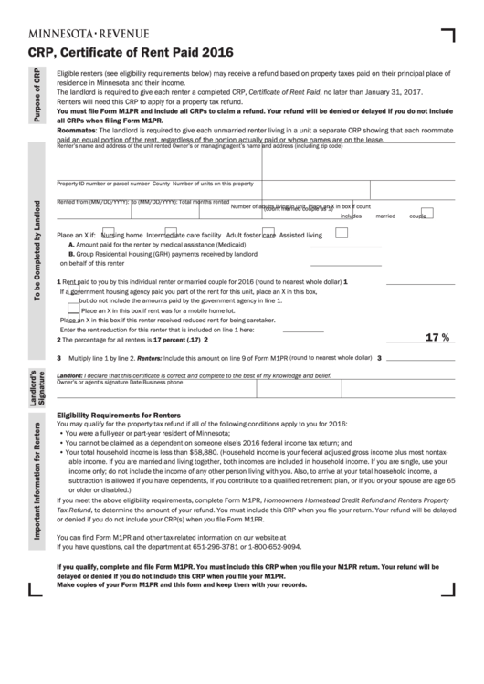 Fillable Form Crp Certificate Of Rent Paid Minnesota Department Of