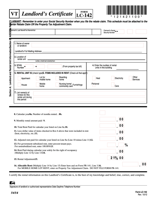 Fillable Form Lc 142 Vt Landlord S Certificate Printable Pdf Download