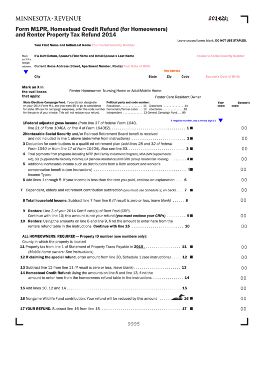 Fillable Form M1pr Minnesota Homestead Credit Refund For Homeowners 