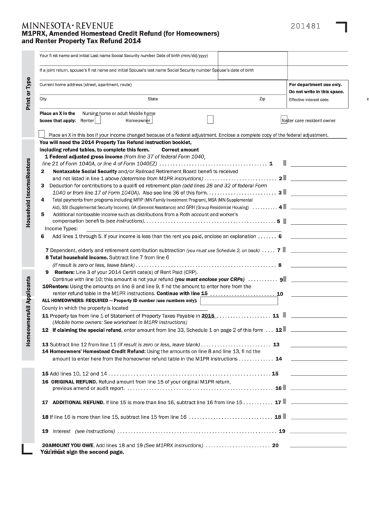 Fillable Form M1prx Minnesota Amended Homestead Credit Refund For