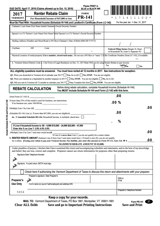 Fillable Form Pr 141 Schedule Hi 144 Renter Rebate Claim 2017 