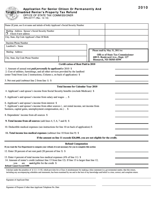 Fillable Form Sfn 24777 Application For Senior Citizen Or Permanently 