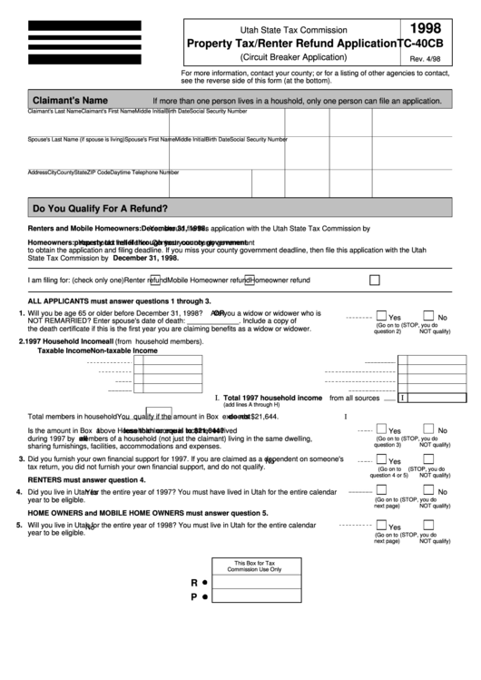 Fillable Form Tc 40cb Property Tax renter Refund Application Utah