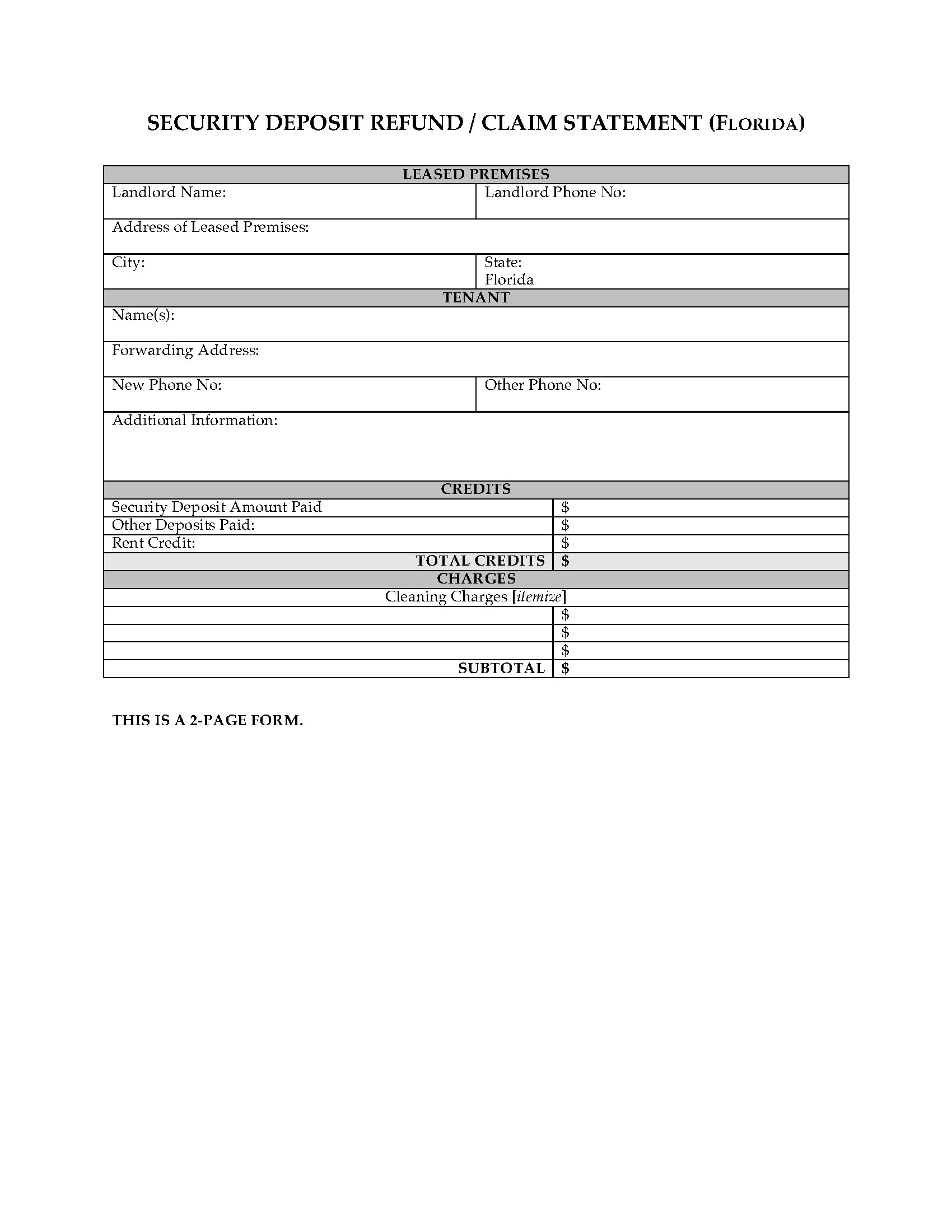 Florida Security Deposit Statement Legal Forms And Business Templates 