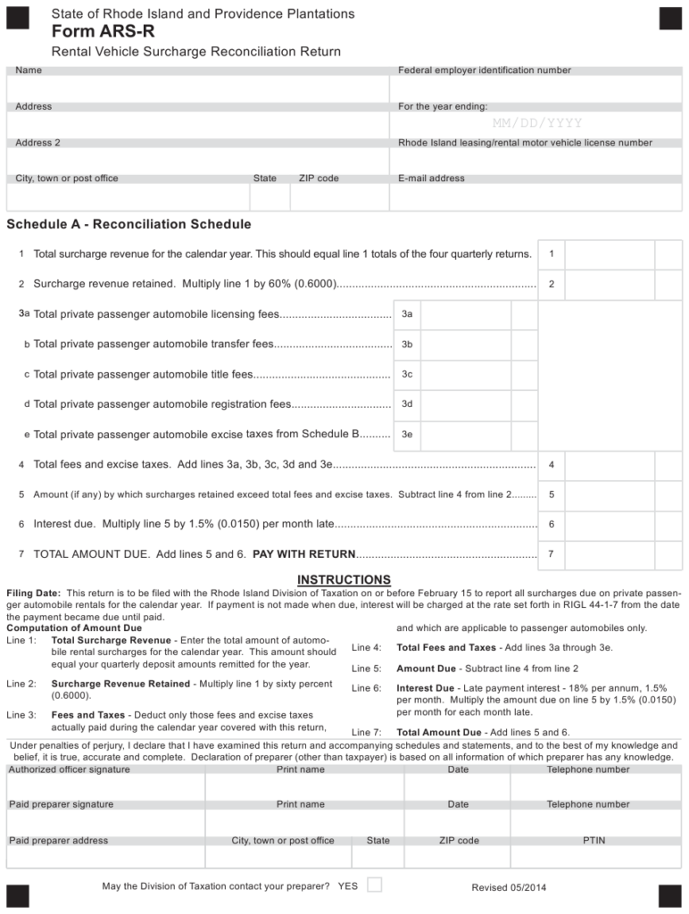 Form ARS R Download Fillable PDF Or Fill Online Rental Vehicle 