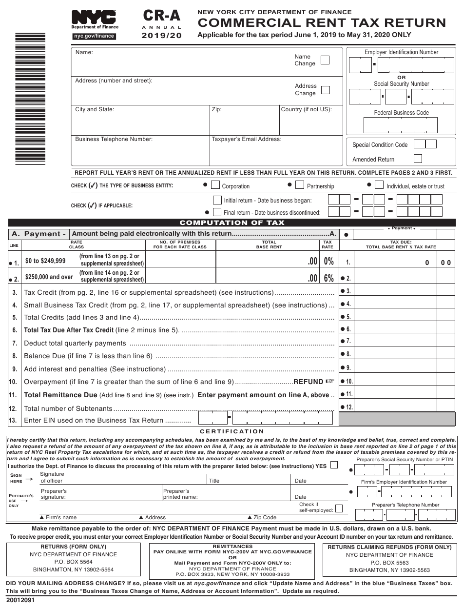 Form CR A Download Printable PDF Or Fill Online Commercial Rent Tax