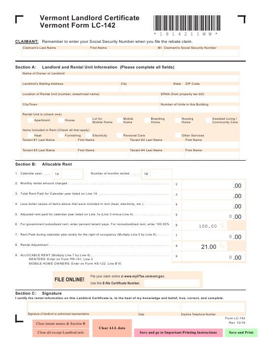 Form LC 142 Download Fillable PDF Landlord Certificate Templateroller