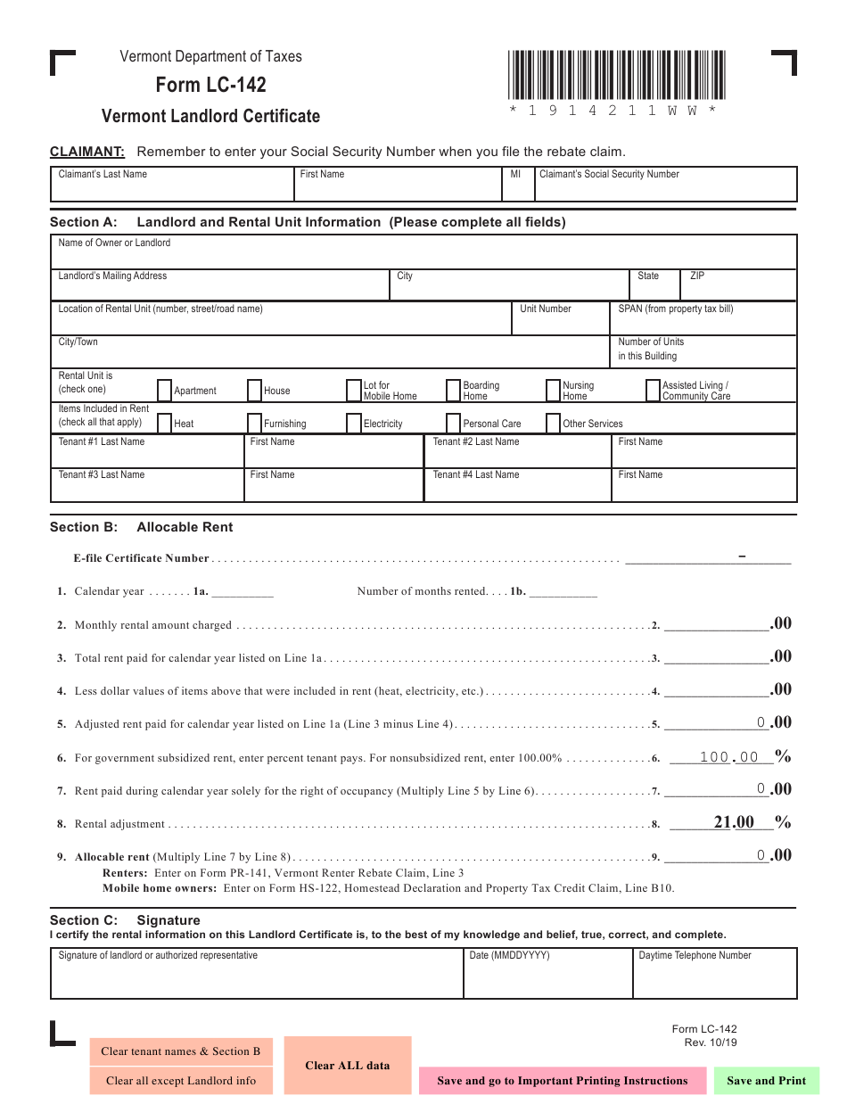 Form LC 142 Download Fillable PDF Or Fill Online Vermont Landlord 