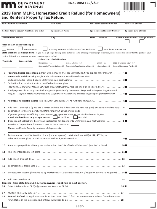 Form M1PR Download Printable PDF Or Fill Online Homestead Credit Refund