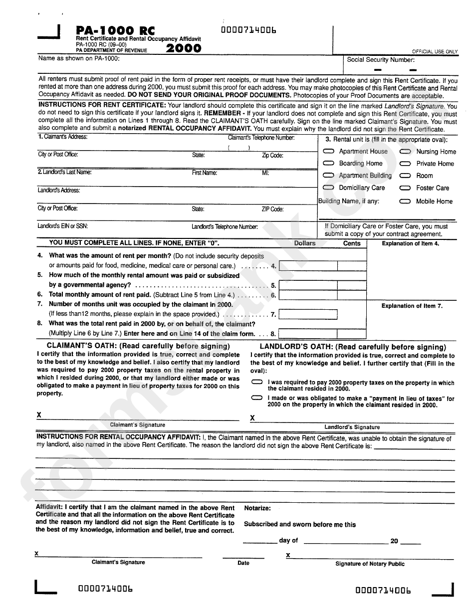 Form Pa 1000 Rc Rent Certificate And Rental Occupancy Affidavit 