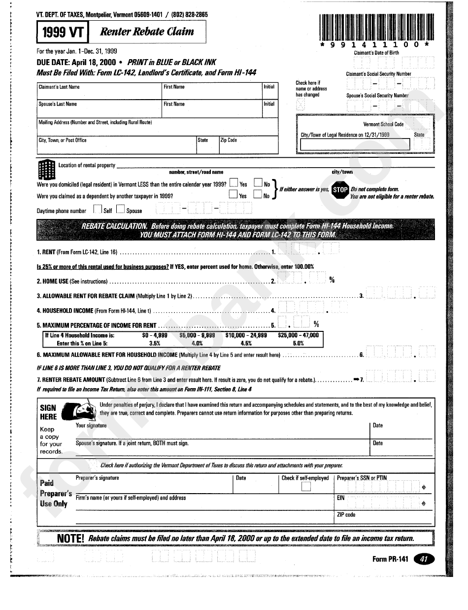 Form Pr 141 Renter Rebate Claim Vermont Department Of Taxes 1999