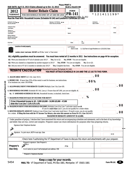 Form Pr 141 Vermont Renter Rebate Claim For Household Income Of