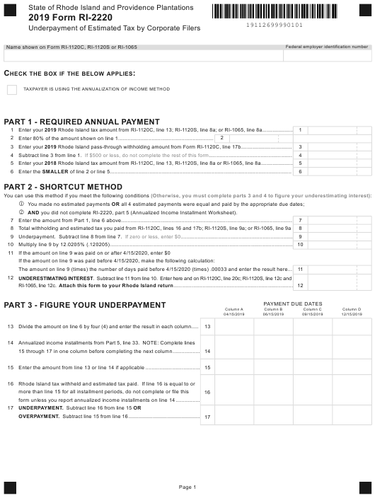 Form RI 2220 Download Fillable PDF Or Fill Online Underpayment Of 