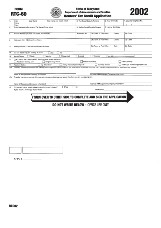 Form Rtc 60 Renter S Tax Credit Application Maryland Department Of 