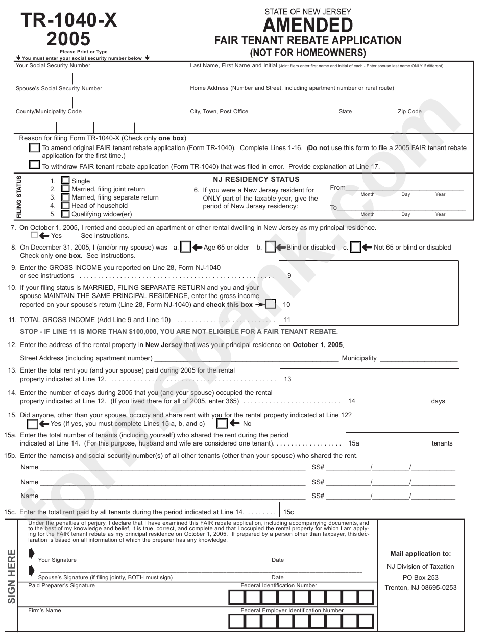 Form Tr 1040 X 2005 Amended Fair Tenant Rebate Application