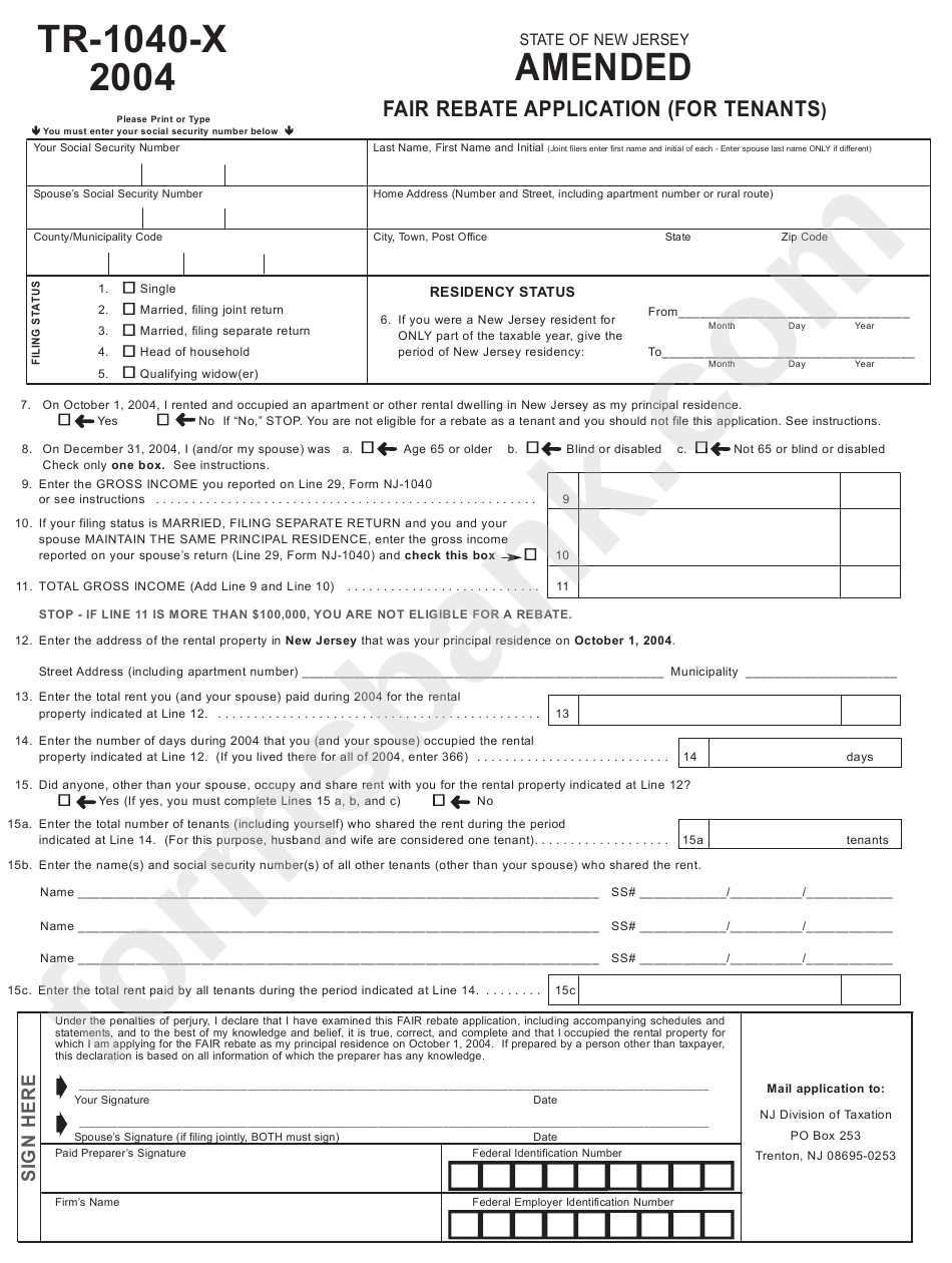 Form Tr 1040 X Amended Fair Rebate Application For Tenants 2004 