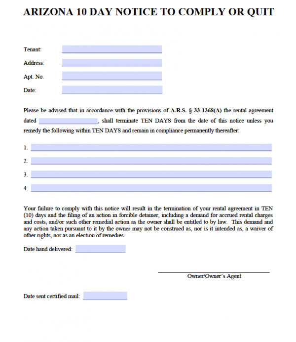 Free Arizona 5 Day Notice To Pay Or Quit PDF