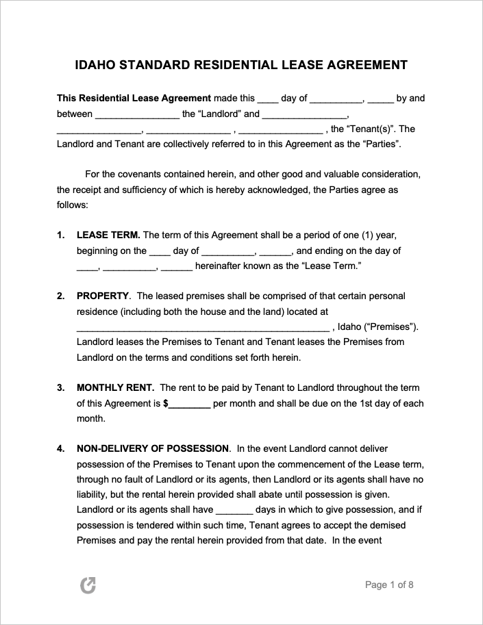 Free Idaho Rental Lease Agreement Templates PDF WORD