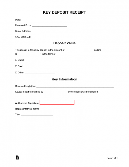 Free Key Deposit Receipt Template Word PDF EForms