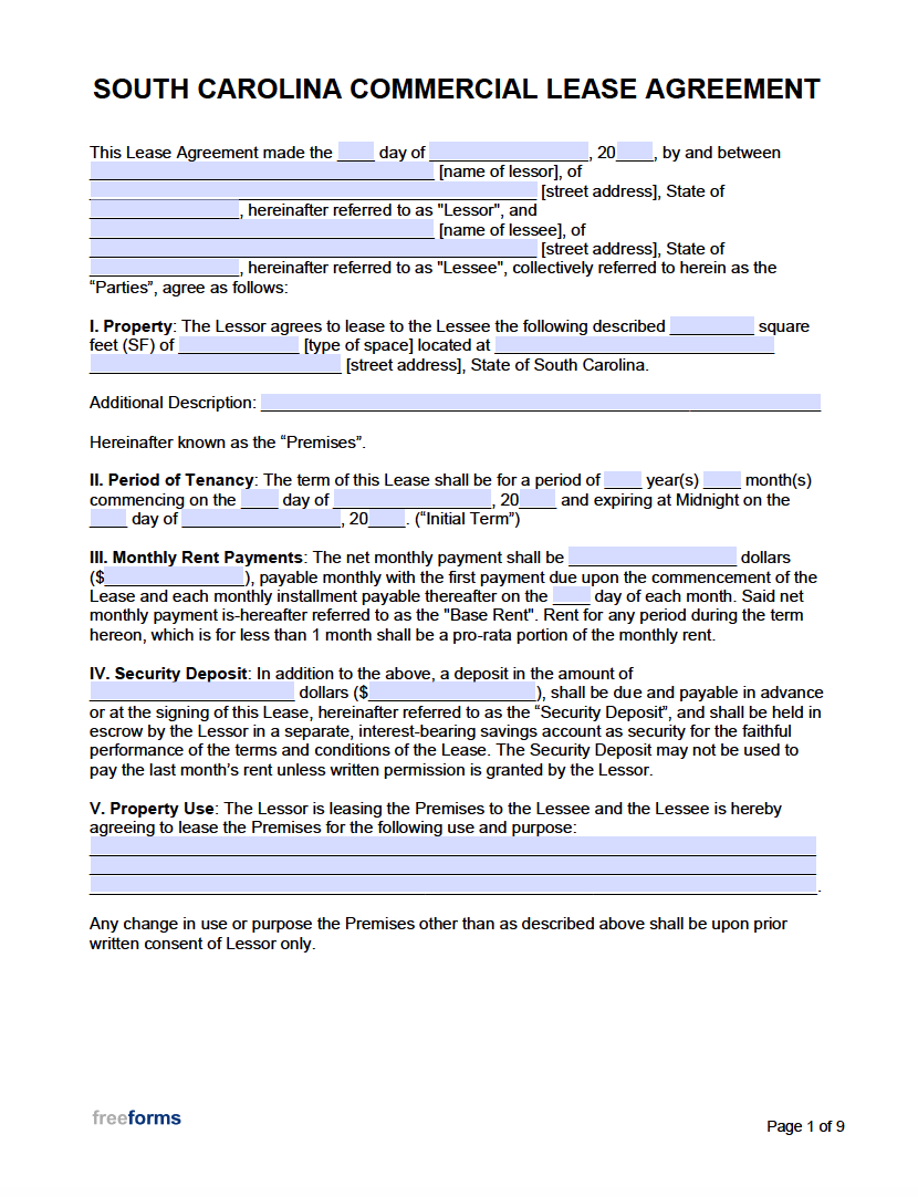 Free South Carolina Commercial Lease Agreement Template PDF WORD