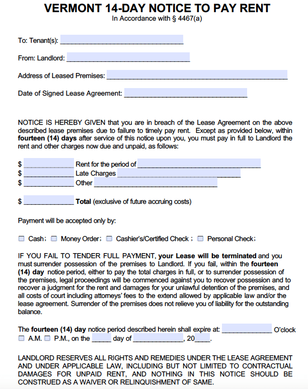 Free Vermont 14 Day Notice To Pay Or Quit PDF