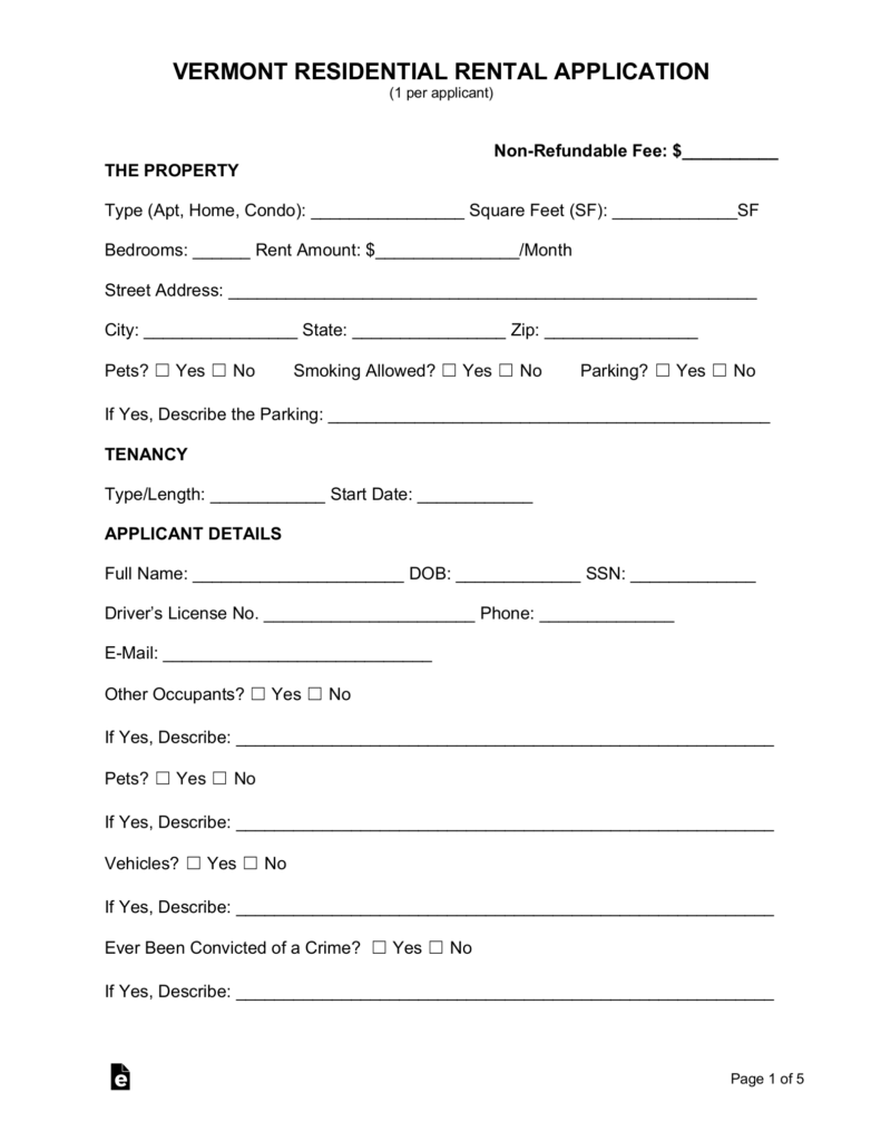 Free Vermont Rental Application Form Word PDF EForms