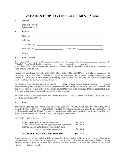 Maine Vacation Property Rental Agreement Legal Forms And Business 