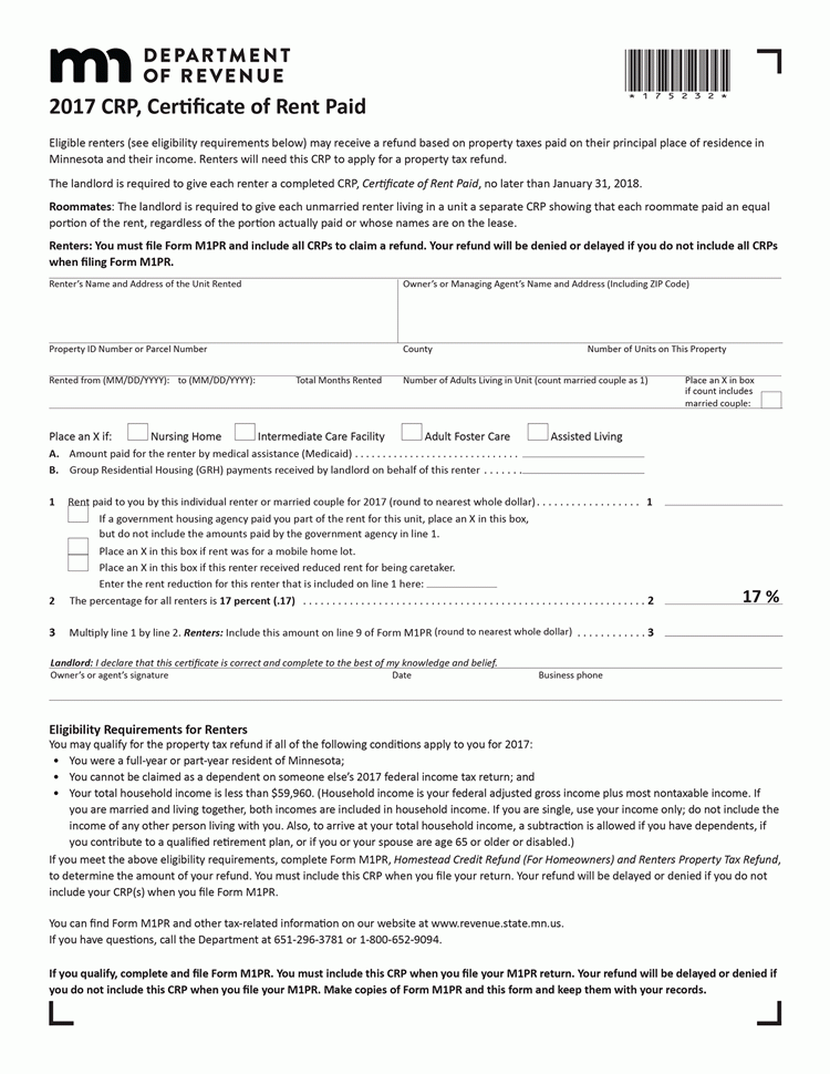 Minnesota Certificate Of Rent Paid CRP EZ Landlord Forms