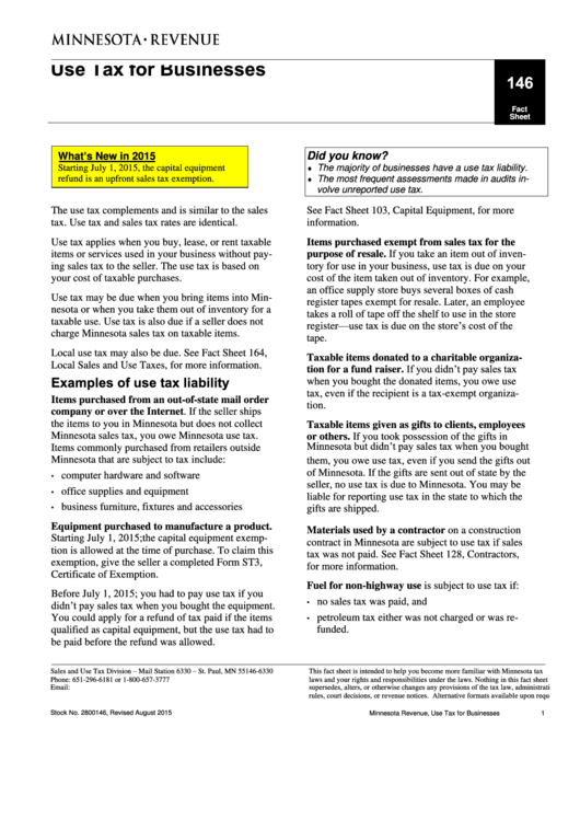 Minnesota Use Tax Worksheet 2015 Printable Pdf Download