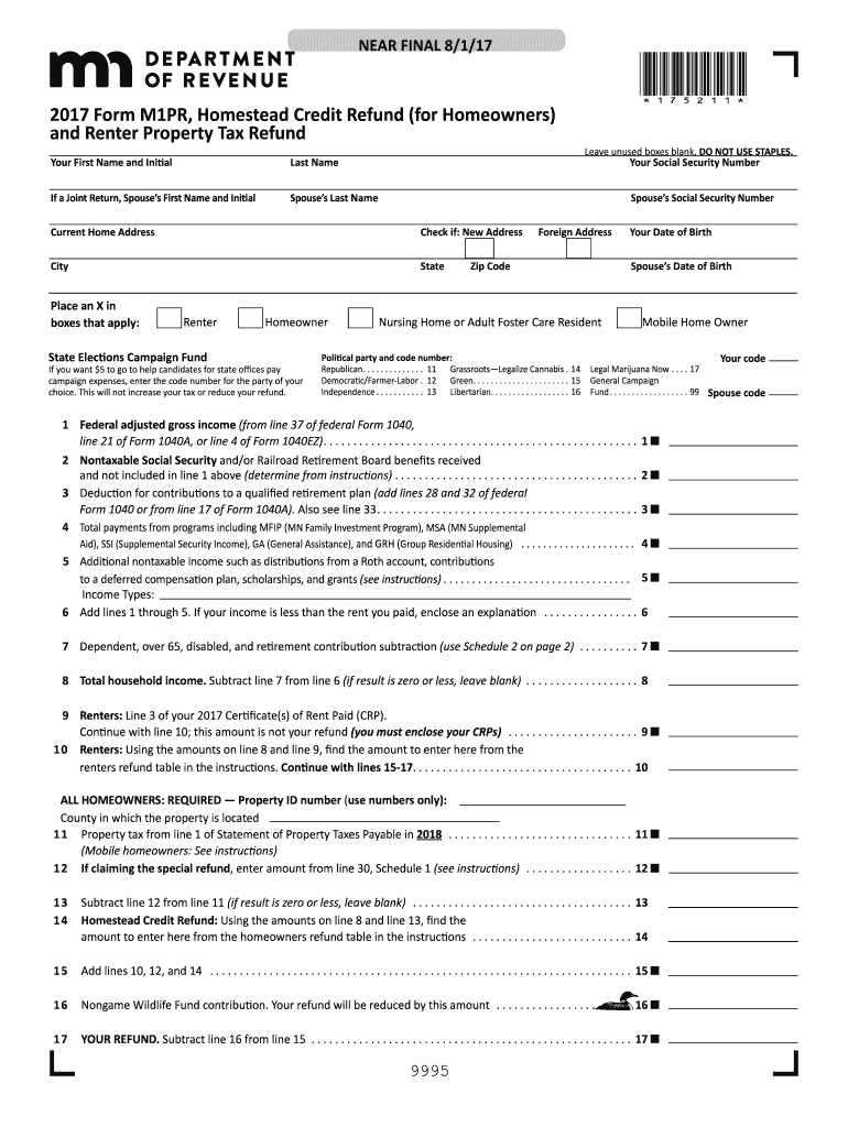 MN DoR M1PR 2017 Fill Out Tax Template Online US Legal Forms