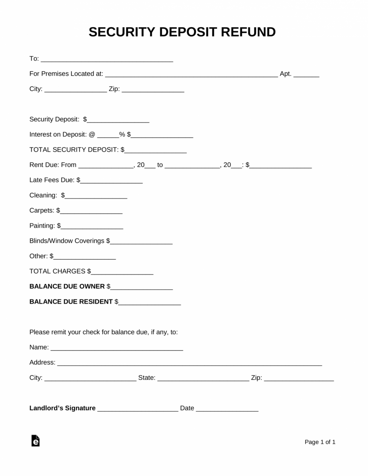 Sample Rental Security Deposit Refund Form Return Of Security Deposit