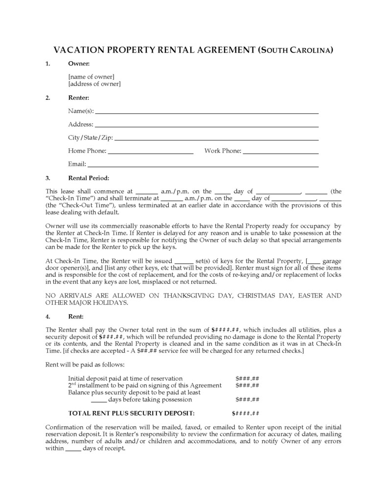 South Carolina Vacation Property Rental Agreement Legal Forms And 