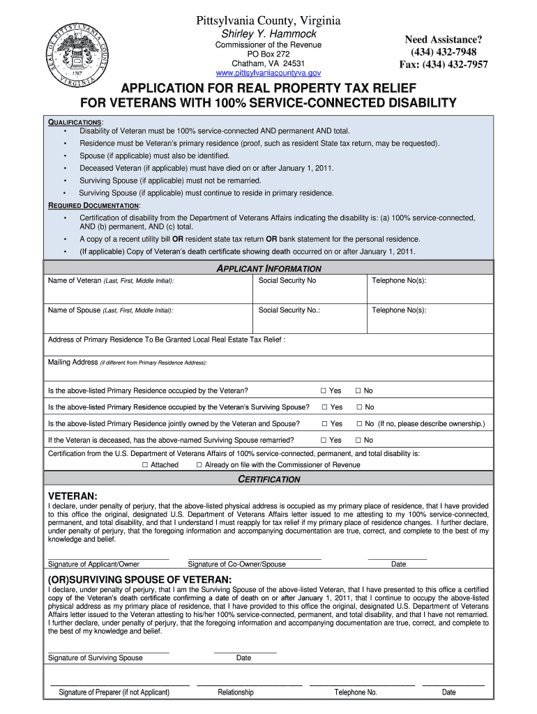 VA Application For Real Property Tax Relief For Veterans With Rated 100