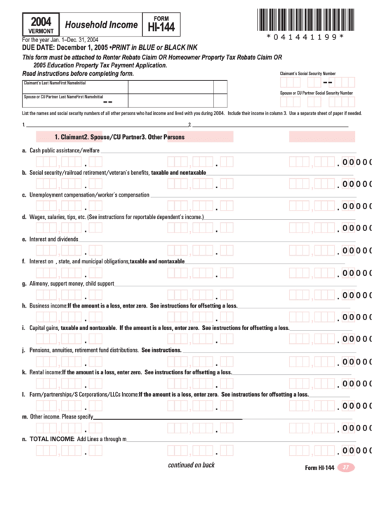 Vermont Form Hi 144 Household Income 2004 Printable Pdf Download