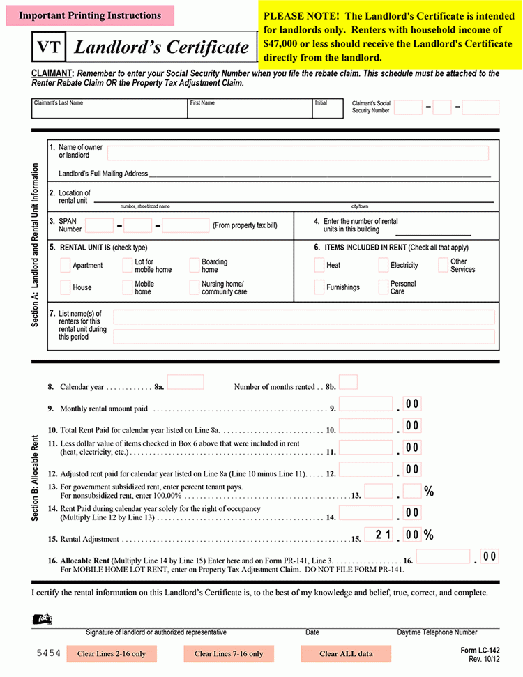 Vermont Landlord Certificate LC 142 EZ Landlord Forms