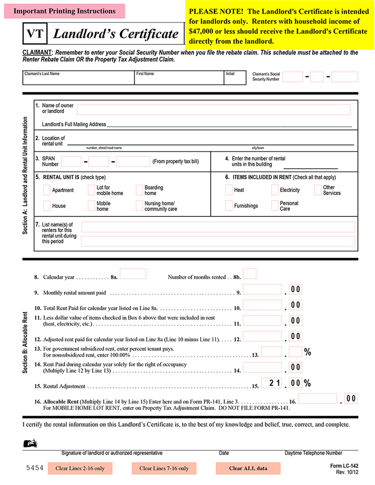 Vermont Landlord Certificate LC 142 EZ Landlord Forms Being A