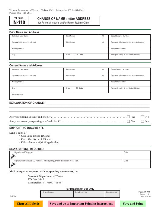 VT Form IN 110 Download Fillable PDF Or Fill Online Change Of Name And 