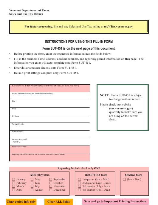 VT Form SUT 451 Download Fillable PDF Or Fill Online Sales And Use Tax 