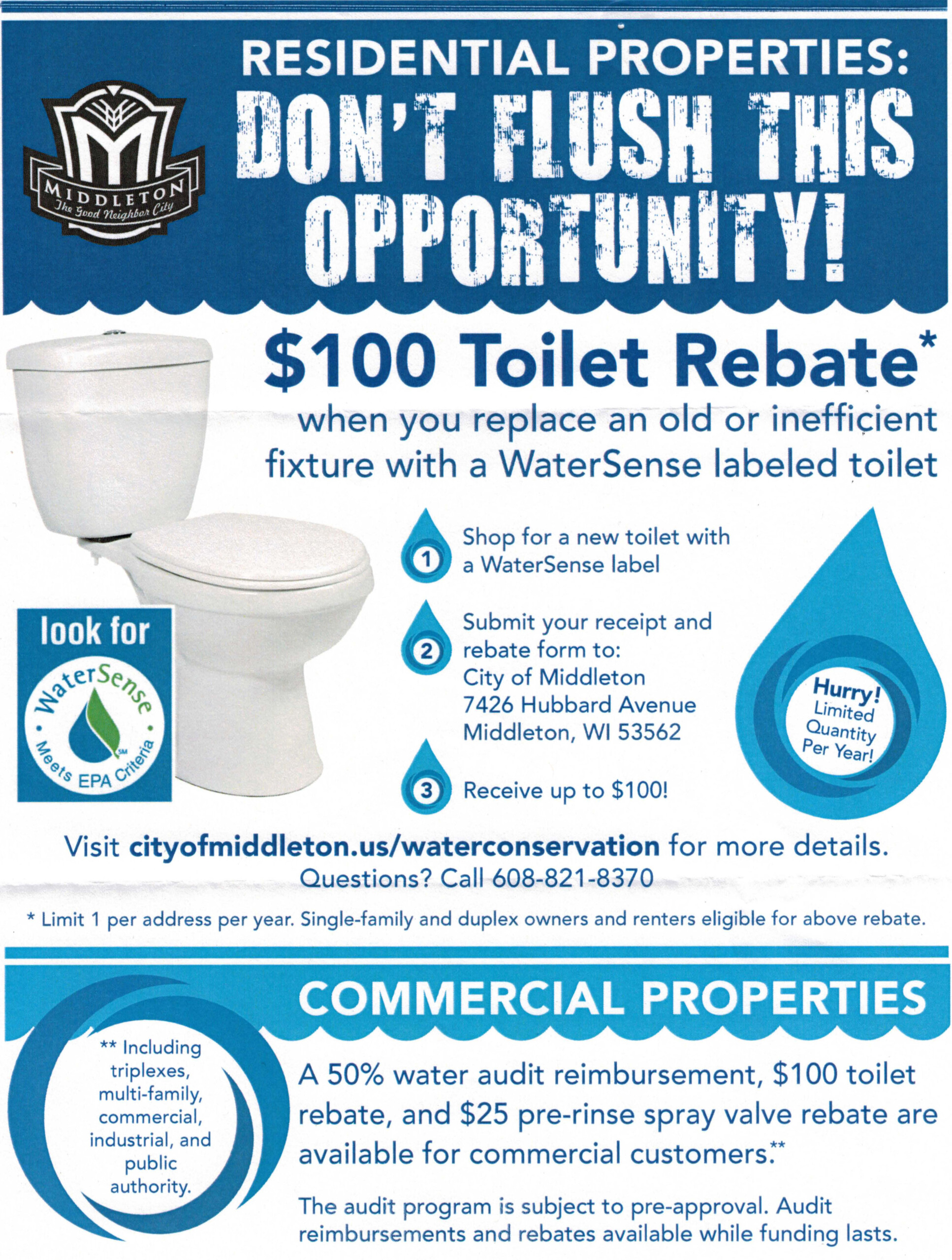 WaterSense Toilet Rebate Offer Starting July 1st In Middleton WI