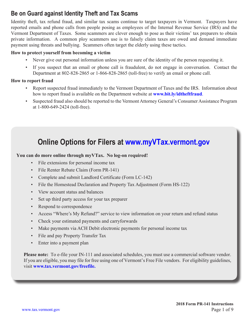 Download Instructions For Form PR 141 Vermont Renter Rebate Claim PDF