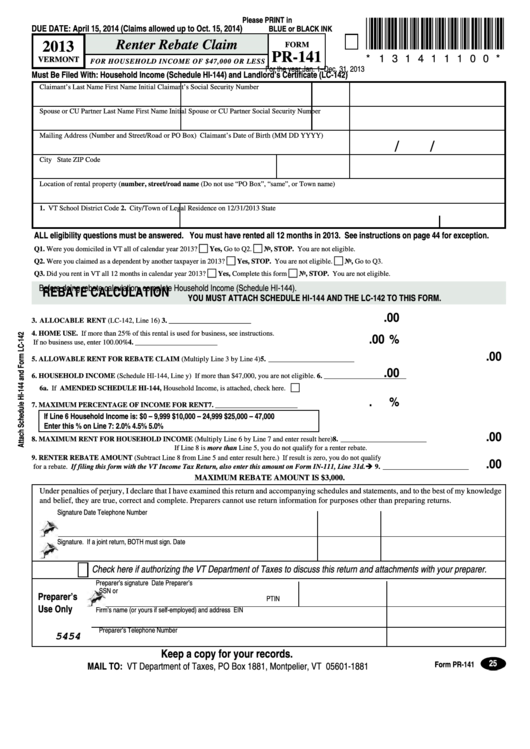 Fillable Form Pr 141 Vermont Renter Rebate Claim 2013 Printable Pdf