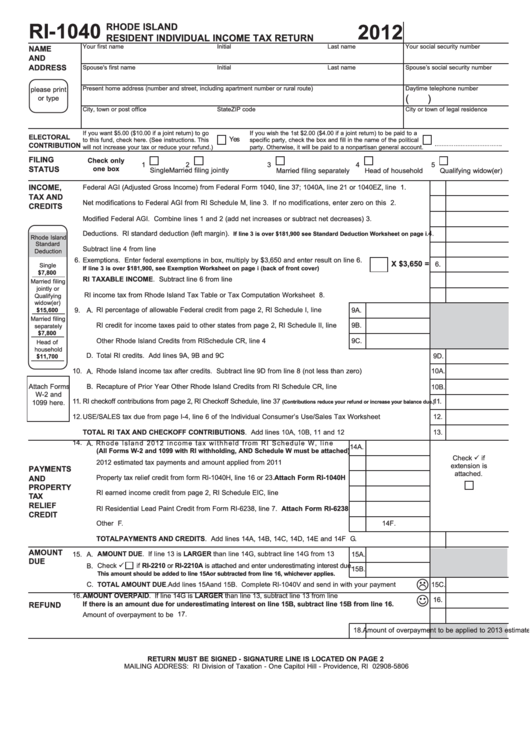 Fillable Form Ri 1040 Rhode Island Resident Individual Income Tax