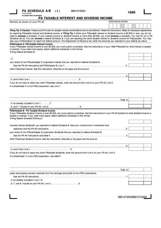 Fillable Pa Taxable Interest And Dividend Income Form Pa Schedule A b 