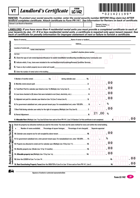 Form Lc 142 Vt Landlord S Certificate Printable Pdf Download